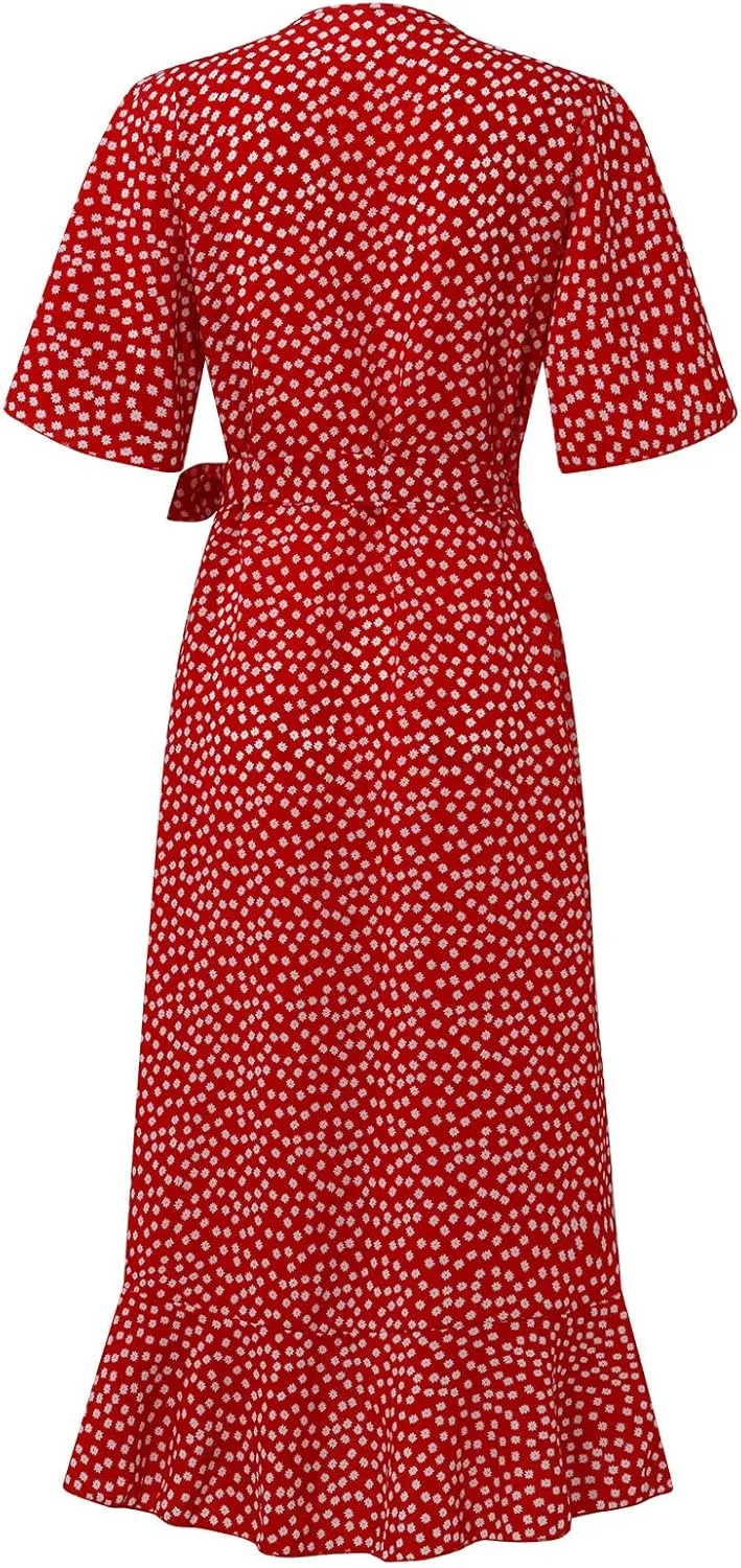 Women's Summer Maxi Dress Casual Boho Floral Wrap V Neck Short Sleeve Ruffle Hem Split Beach Long Dresses with Belt