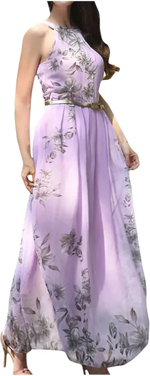 Women's Summer Maxi Dress Casual Gradient Sleeveless Dress Split Floral Sundress Beach Vacation Flowy Long Dresses