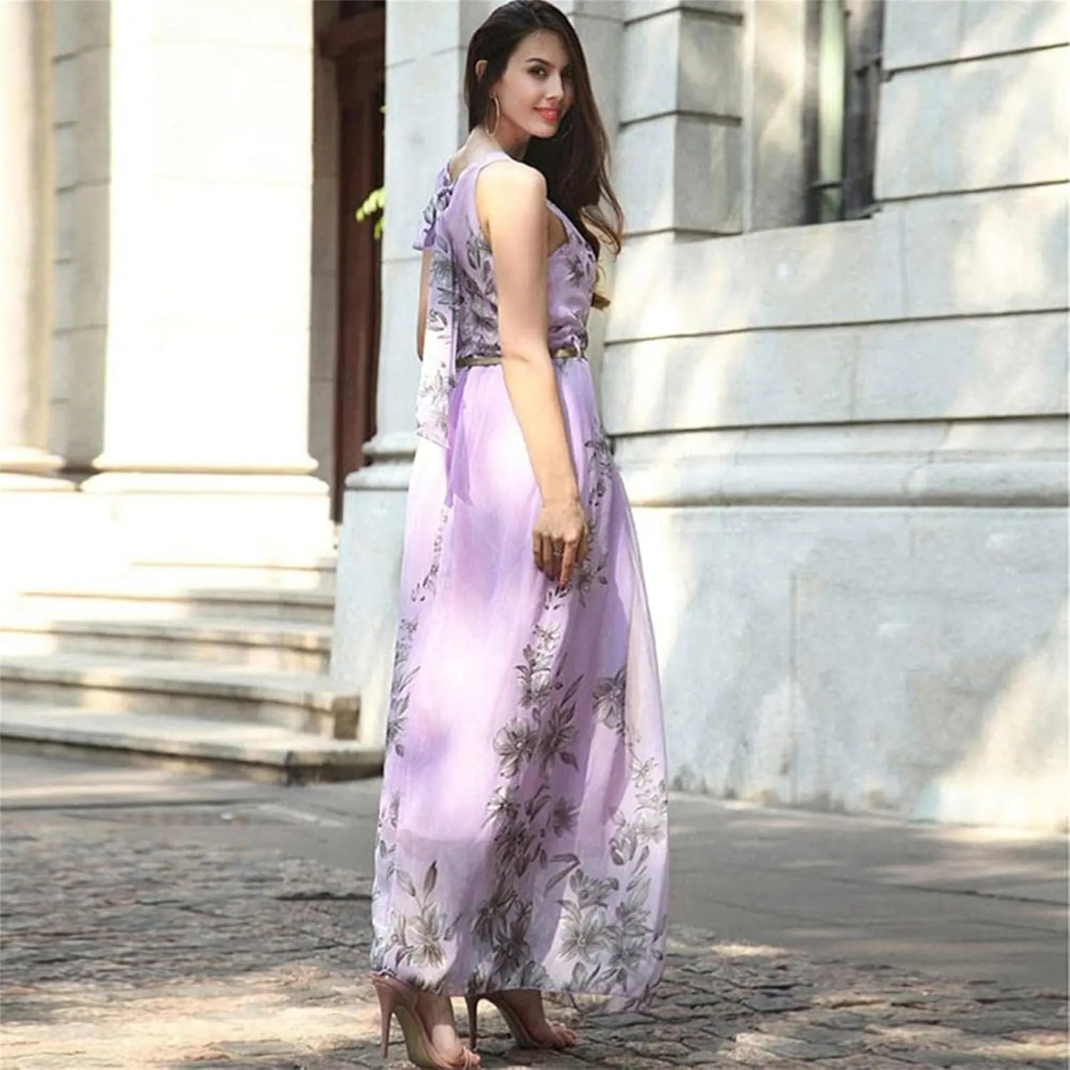 Women's Summer Maxi Dress Casual Gradient Sleeveless Dress Split Floral Sundress Beach Vacation Flowy Long Dresses