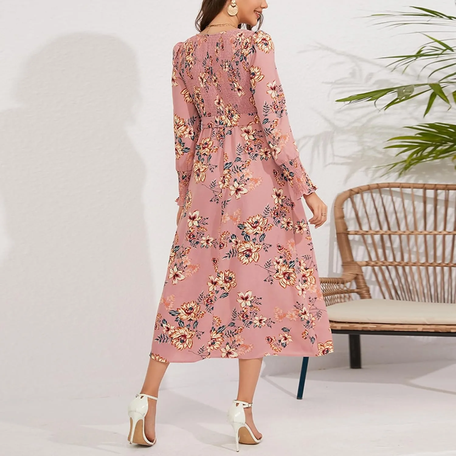 Women's Summer Maxi Dress Casual Long Sleeve Crewneck Flowy Slit Beach Swing Tiered Long Beach Dresses with Belt