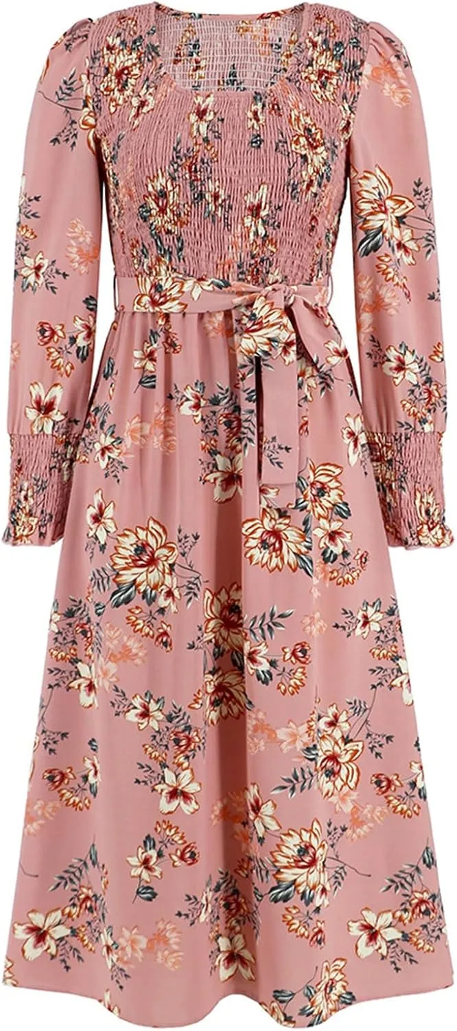 Women's Summer Maxi Dress Casual Long Sleeve Crewneck Flowy Slit Beach Swing Tiered Long Beach Dresses with Belt