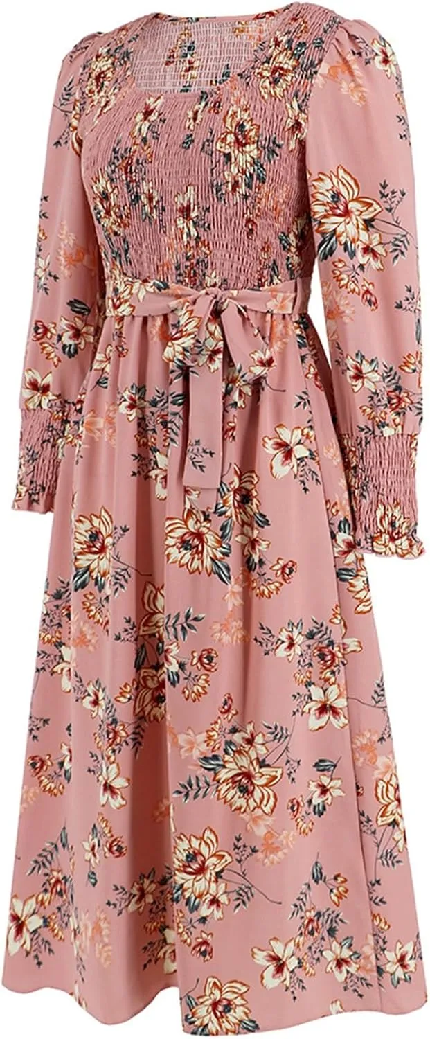 Women's Summer Maxi Dress Casual Long Sleeve Crewneck Flowy Slit Beach Swing Tiered Long Beach Dresses with Belt