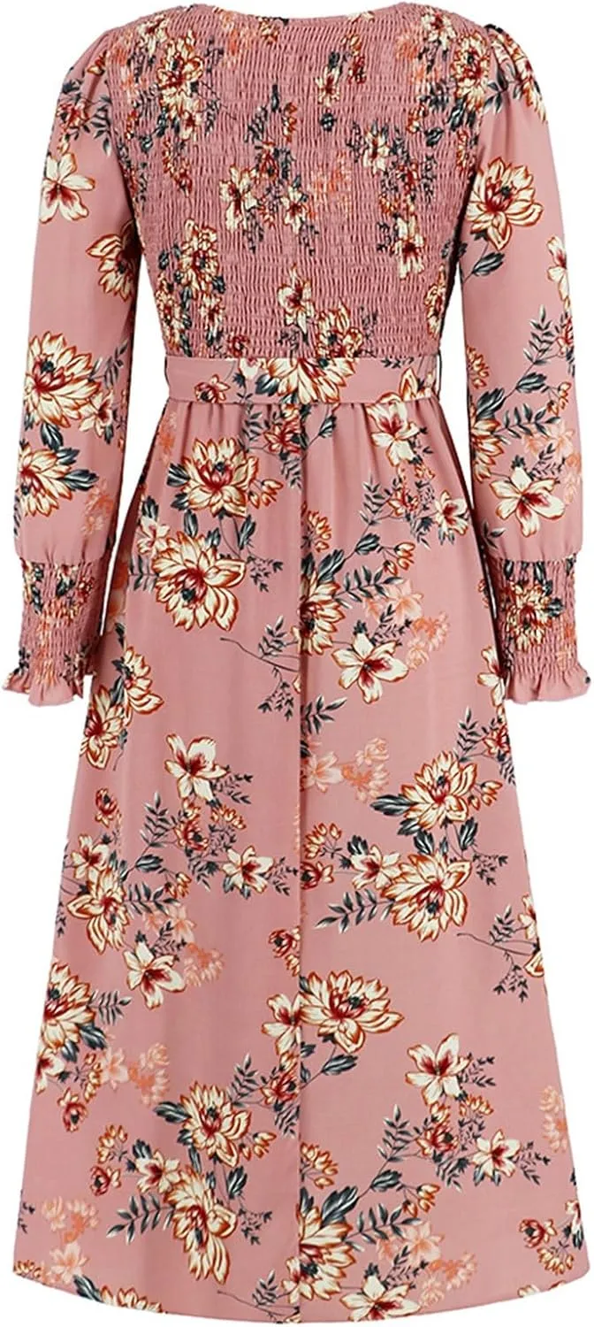 Women's Summer Maxi Dress Casual Long Sleeve Crewneck Flowy Slit Beach Swing Tiered Long Beach Dresses with Belt