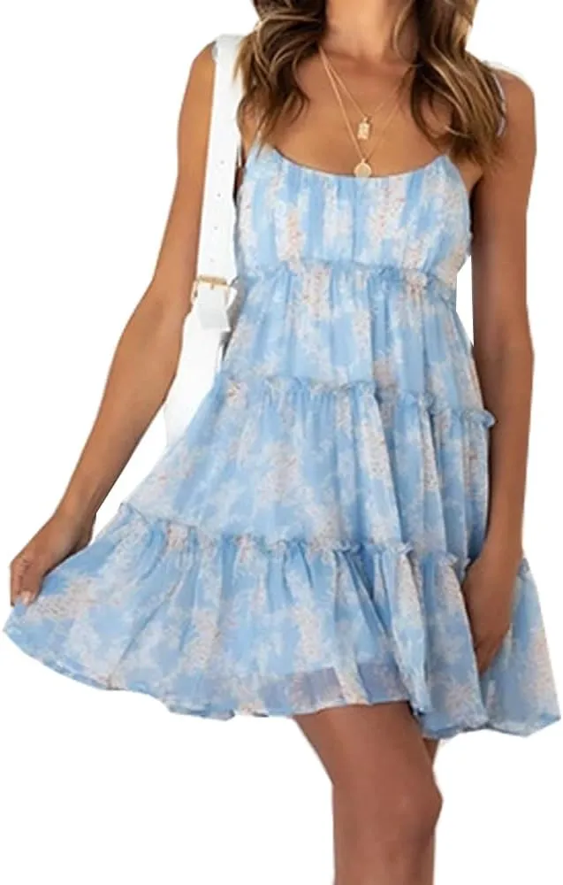 Womens Summer Mini Dress Boho Swing Dresses Spaghetti Strap Floral Short Beach Dress