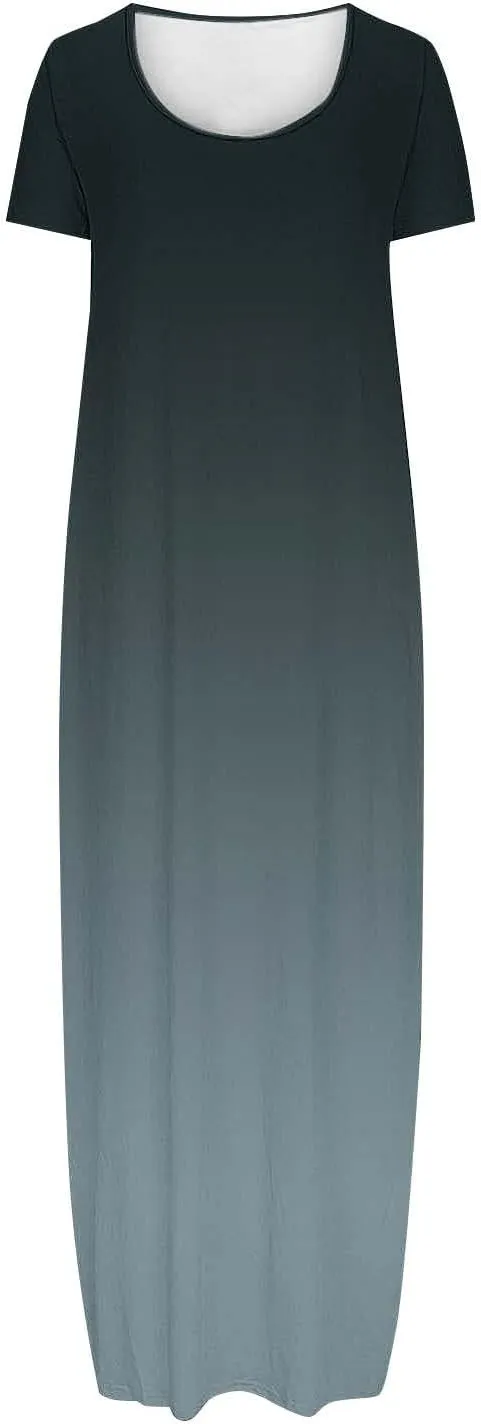 Women's Summer Short Sleeve Dress Gradient Color Scoop Neck Casual Beach Maxi Dresses Loose Fit Tunic Sundresses