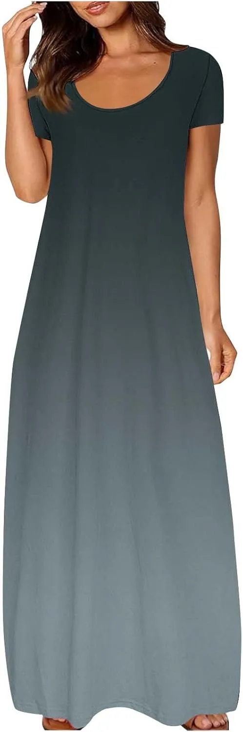 Women's Summer Short Sleeve Dress Gradient Color Scoop Neck Casual Beach Maxi Dresses Loose Fit Tunic Sundresses