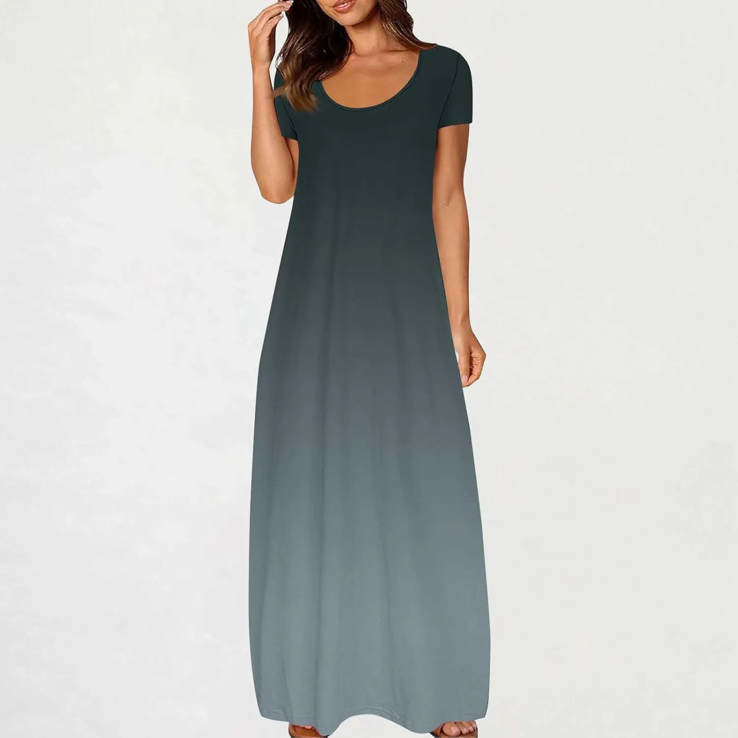 Women's Summer Short Sleeve Dress Gradient Color Scoop Neck Casual Beach Maxi Dresses Loose Fit Tunic Sundresses