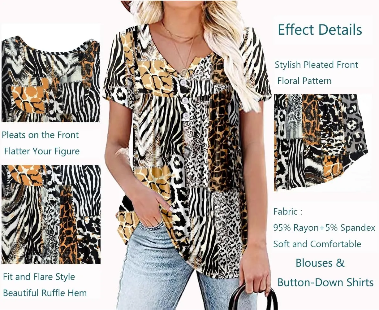 Women's Summer Short Sleeve Tunic Plus size ladies shirts Floral Blouse Loose Flowy Tops for Leggings M-4XL