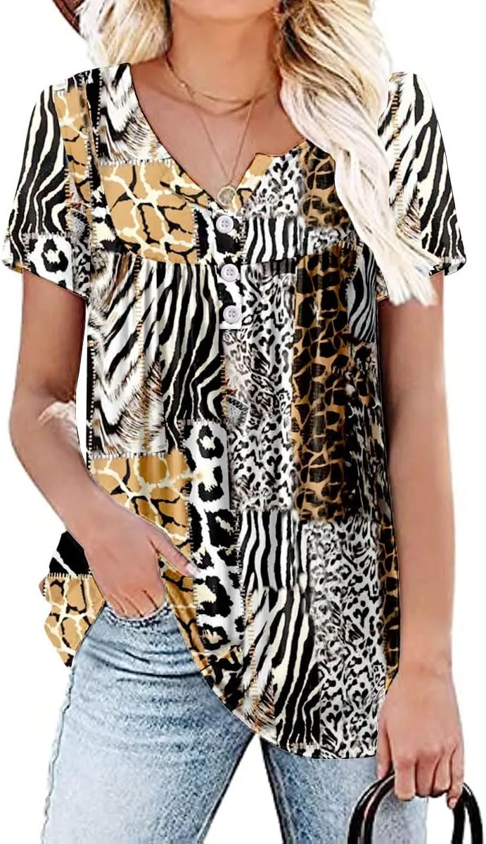 Women's Summer Short Sleeve Tunic Plus size ladies shirts Floral Blouse Loose Flowy Tops for Leggings M-4XL