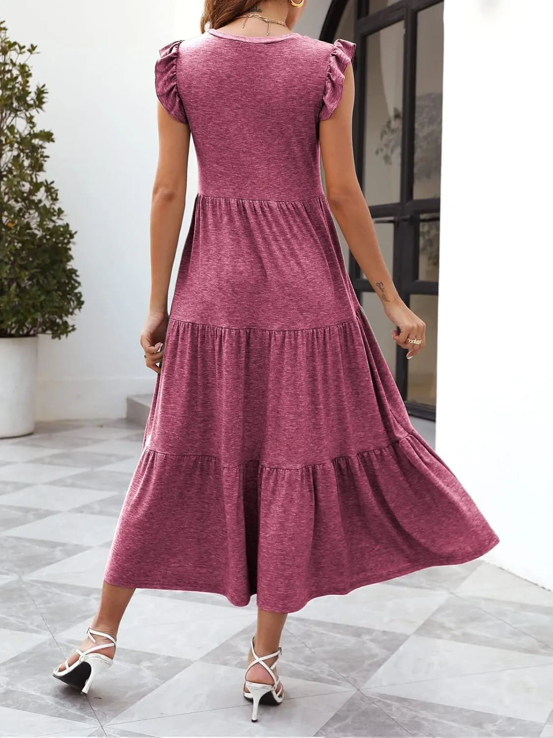 Women's Summer Sleeveless Maxi Dress Ruffle Sleeve Crewneck Tiered Flowy Pleated Casual A Line Sundress with Pockets