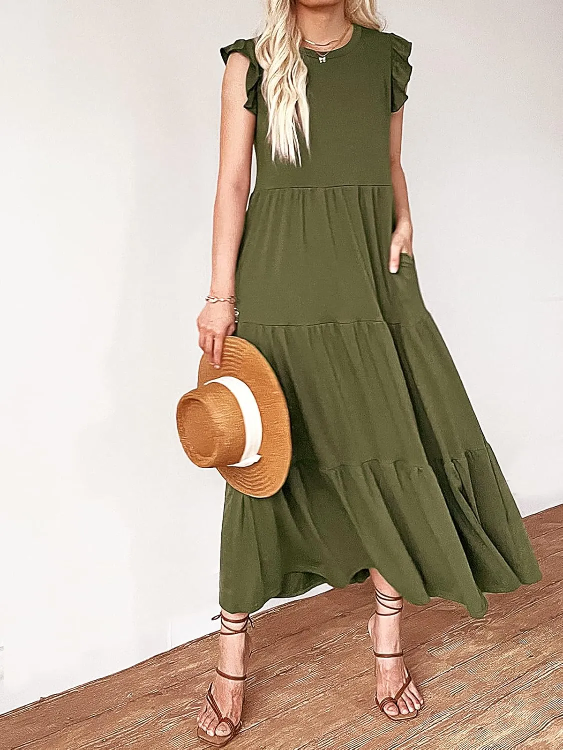 Women's Summer Sleeveless Maxi Dress Ruffle Sleeve Crewneck Tiered Flowy Pleated Casual A Line Sundress with Pockets