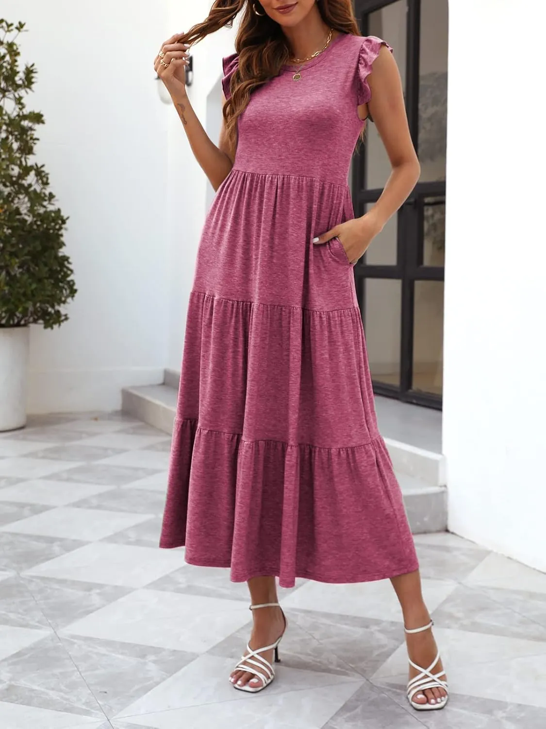 Women's Summer Sleeveless Maxi Dress Ruffle Sleeve Crewneck Tiered Flowy Pleated Casual A Line Sundress with Pockets