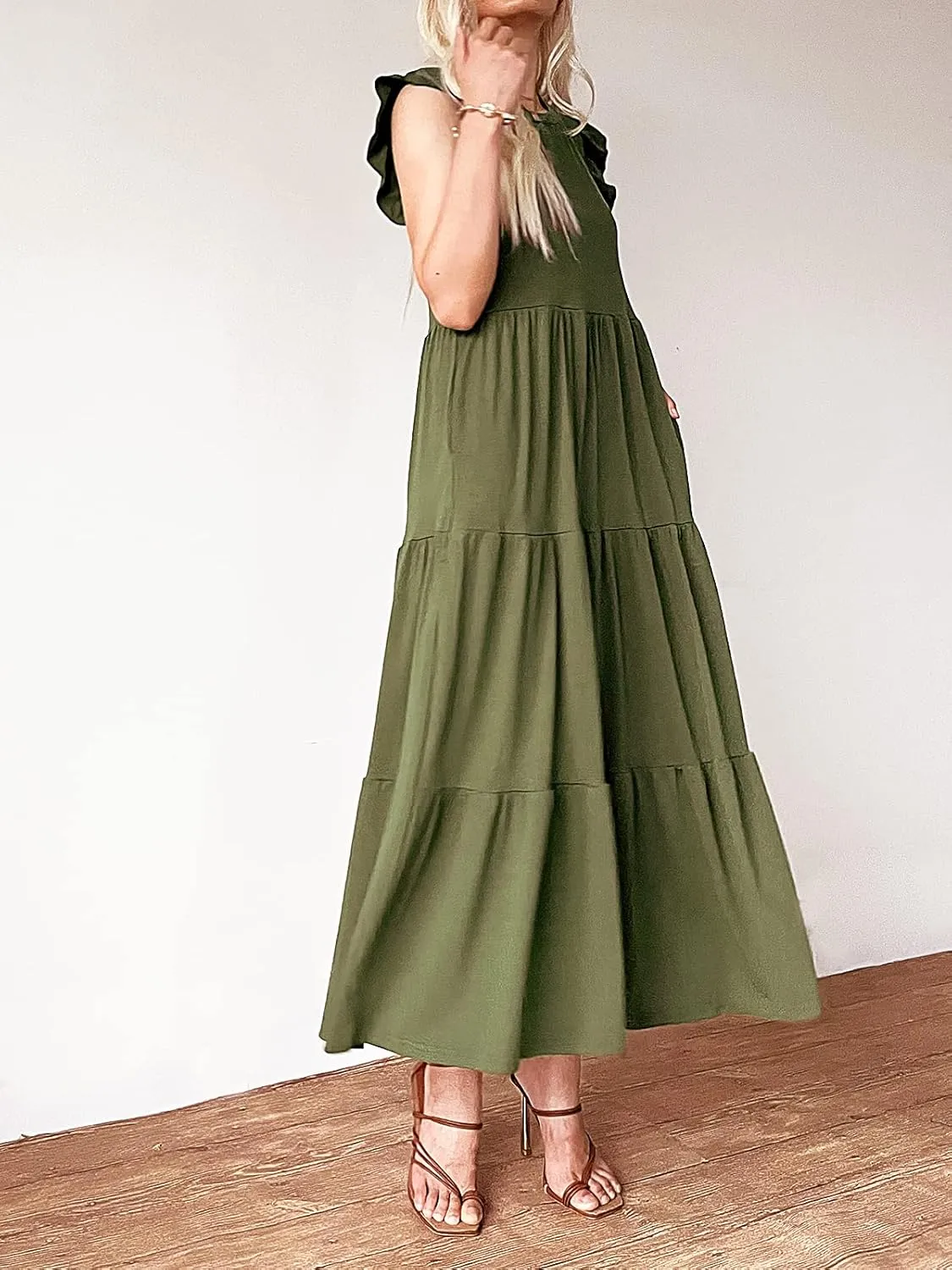 Women's Summer Sleeveless Maxi Dress Ruffle Sleeve Crewneck Tiered Flowy Pleated Casual A Line Sundress with Pockets
