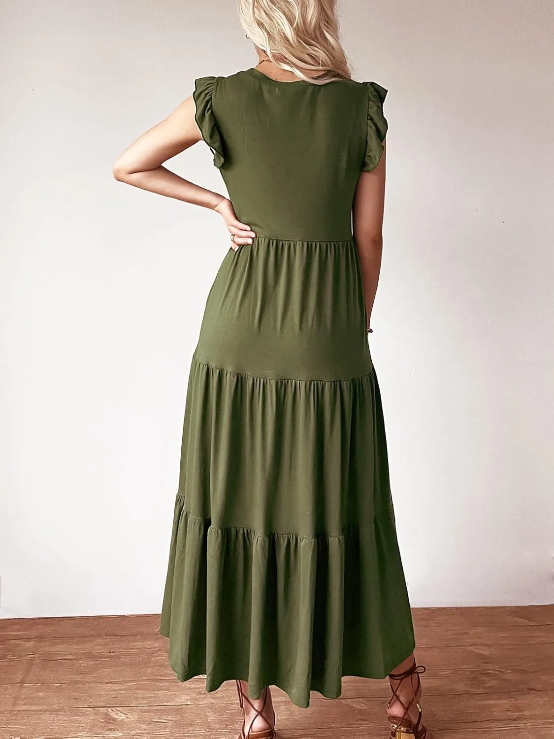 Women's Summer Sleeveless Maxi Dress Ruffle Sleeve Crewneck Tiered Flowy Pleated Casual A Line Sundress with Pockets