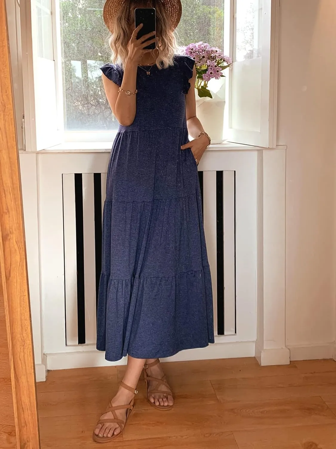 Women's Summer Sleeveless Maxi Dress Ruffle Sleeve Crewneck Tiered Flowy Pleated Casual A Line Sundress with Pockets