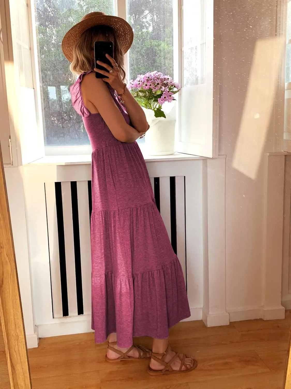 Women's Summer Sleeveless Maxi Dress Ruffle Sleeve Crewneck Tiered Flowy Pleated Casual A Line Sundress with Pockets
