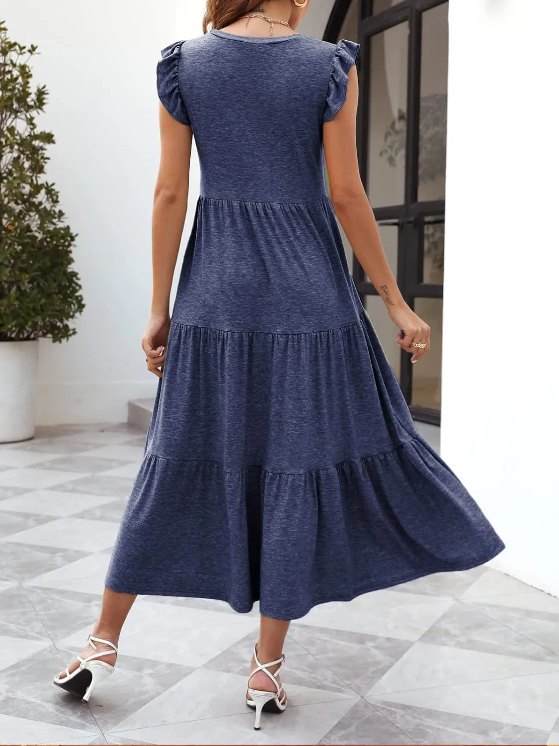 Women's Summer Sleeveless Maxi Dress Ruffle Sleeve Crewneck Tiered Flowy Pleated Casual A Line Sundress with Pockets