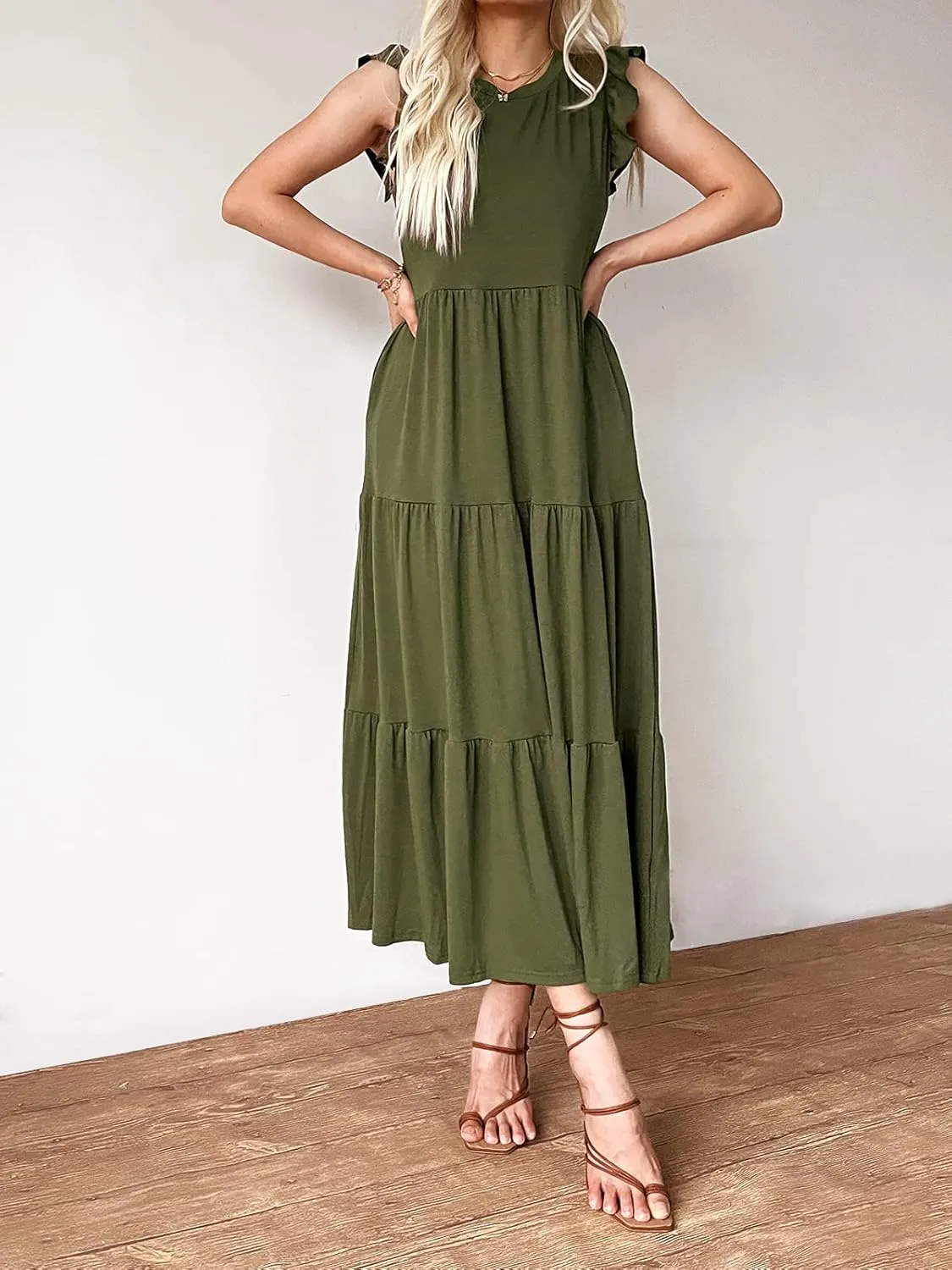 Women's Summer Sleeveless Maxi Dress Ruffle Sleeve Crewneck Tiered Flowy Pleated Casual A Line Sundress with Pockets
