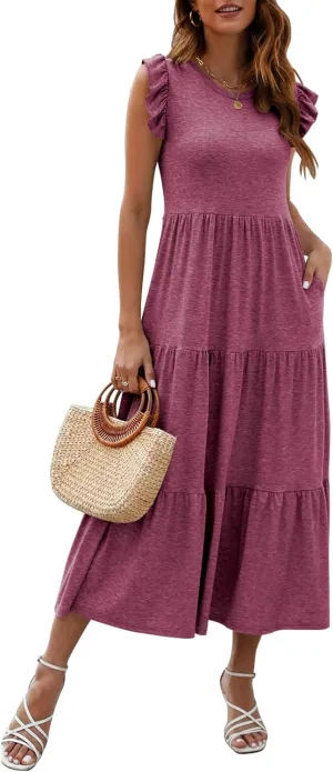 Women's Summer Sleeveless Maxi Dress Ruffle Sleeve Crewneck Tiered Flowy Pleated Casual A Line Sundress with Pockets