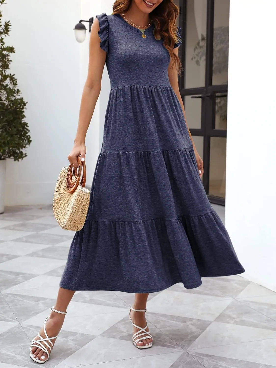 Women's Summer Sleeveless Maxi Dress Ruffle Sleeve Crewneck Tiered Flowy Pleated Casual A Line Sundress with Pockets