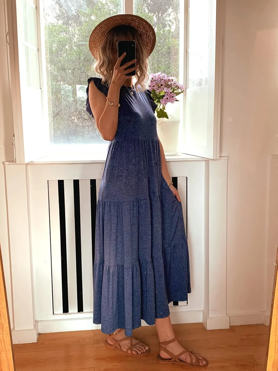 Women's Summer Sleeveless Maxi Dress Ruffle Sleeve Crewneck Tiered Flowy Pleated Casual A Line Sundress with Pockets