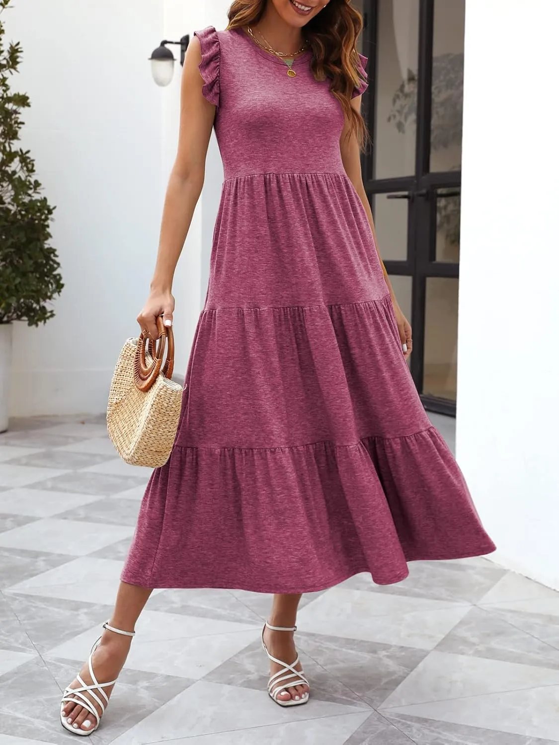 Women's Summer Sleeveless Maxi Dress Ruffle Sleeve Crewneck Tiered Flowy Pleated Casual A Line Sundress with Pockets