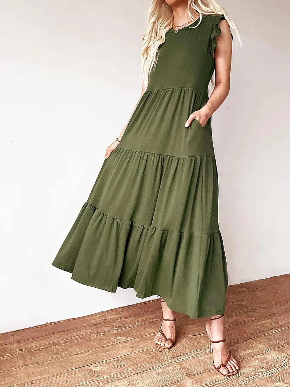 Women's Summer Sleeveless Maxi Dress Ruffle Sleeve Crewneck Tiered Flowy Pleated Casual A Line Sundress with Pockets