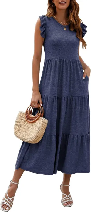 Women's Summer Sleeveless Maxi Dress Ruffle Sleeve Crewneck Tiered Flowy Pleated Casual A Line Sundress with Pockets