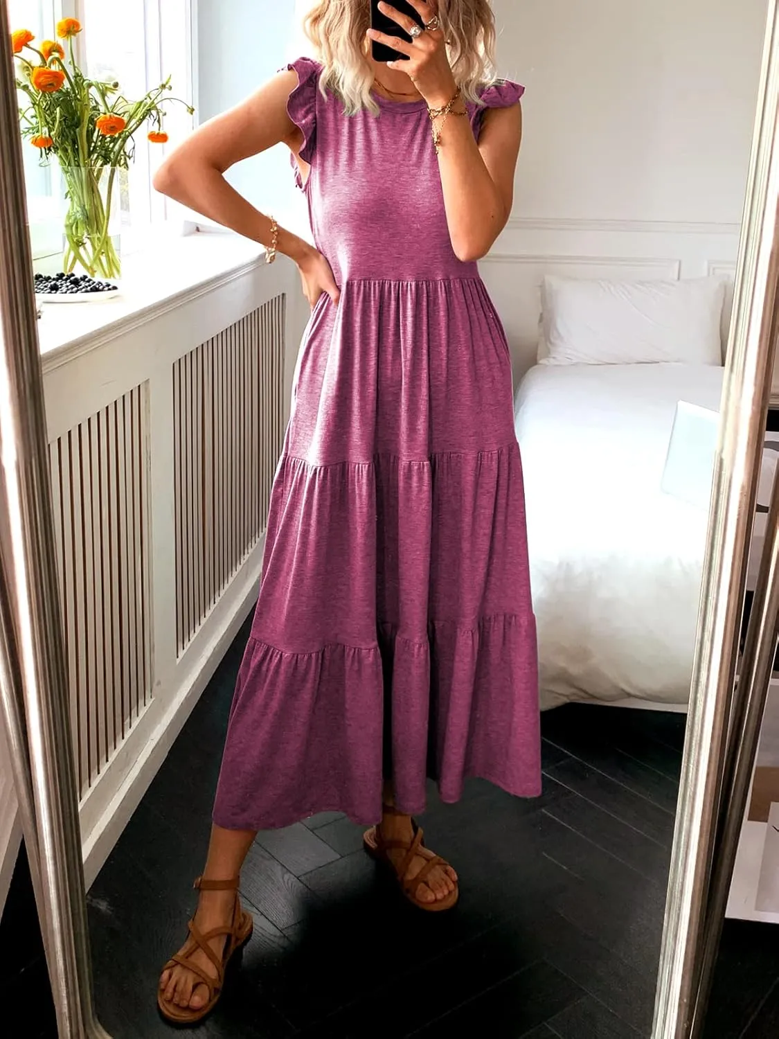 Women's Summer Sleeveless Maxi Dress Ruffle Sleeve Crewneck Tiered Flowy Pleated Casual A Line Sundress with Pockets