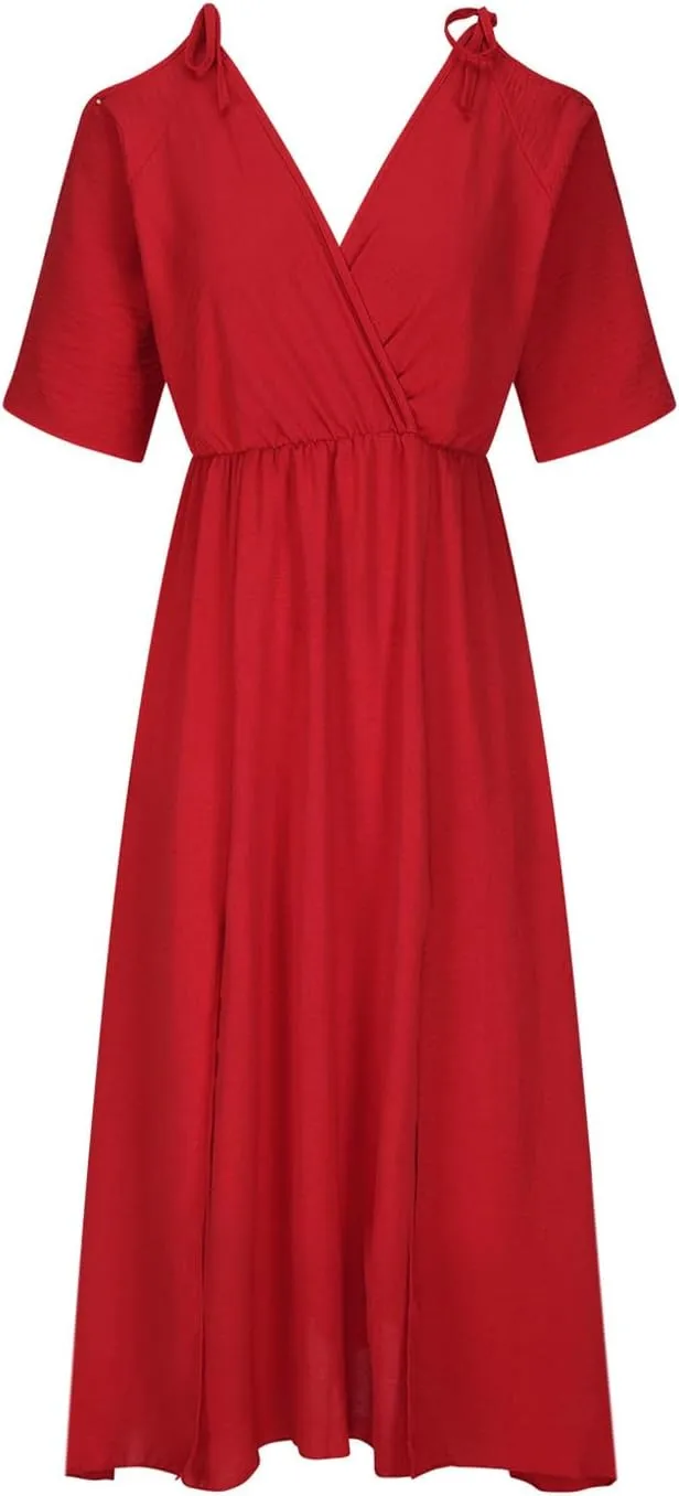 Women's Summer Slit Midi Dress Cold Shoulder Short Sleeve Long Dresses Sexy V Neck Flowy Loose Solid Cute Clothes