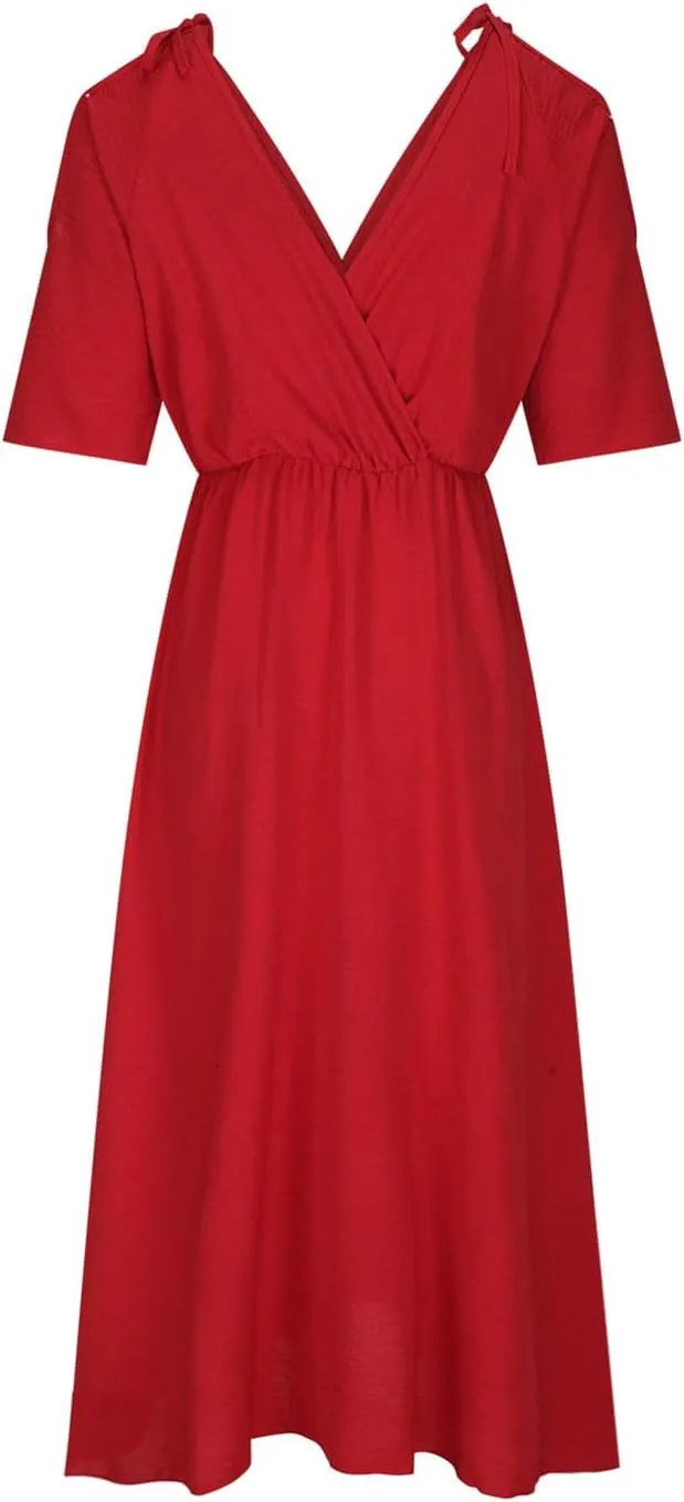 Women's Summer Slit Midi Dress Cold Shoulder Short Sleeve Long Dresses Sexy V Neck Flowy Loose Solid Cute Clothes