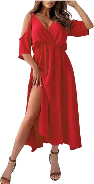Women's Summer Slit Midi Dress Cold Shoulder Short Sleeve Long Dresses Sexy V Neck Flowy Loose Solid Cute Clothes