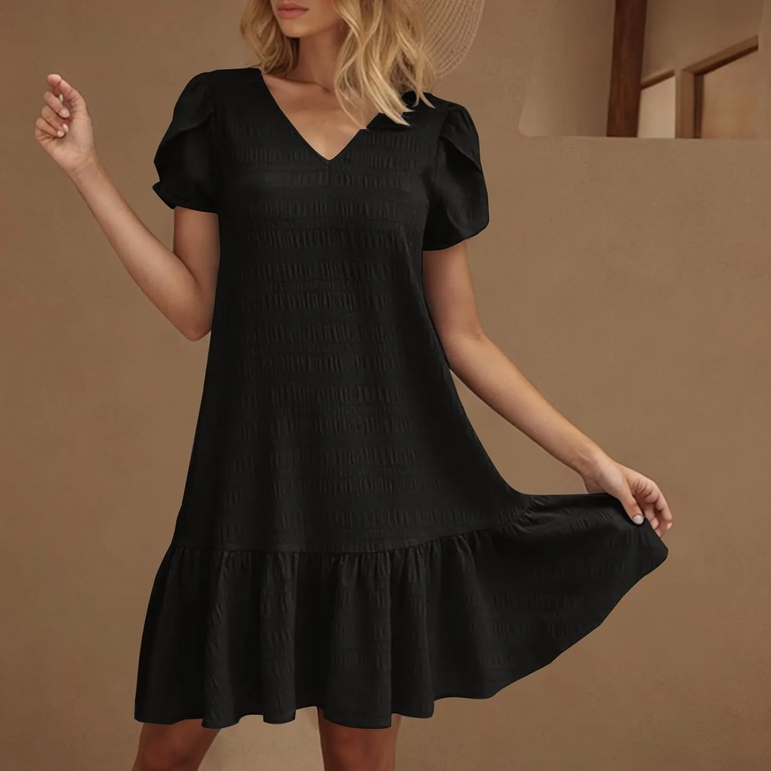 Women's Summer T Shirt Dress Casual Petal Short Sleeve V Neck Solid Ruffle Hem Sundress Loose Fit Beach Mini Dresses