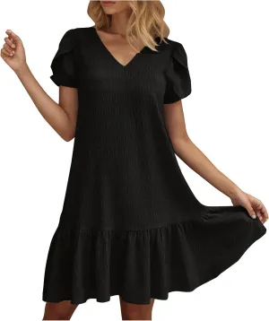 Women's Summer T Shirt Dress Casual Petal Short Sleeve V Neck Solid Ruffle Hem Sundress Loose Fit Beach Mini Dresses