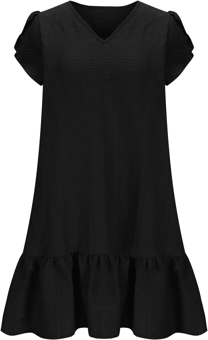 Women's Summer T Shirt Dress Casual Petal Short Sleeve V Neck Solid Ruffle Hem Sundress Loose Fit Beach Mini Dresses