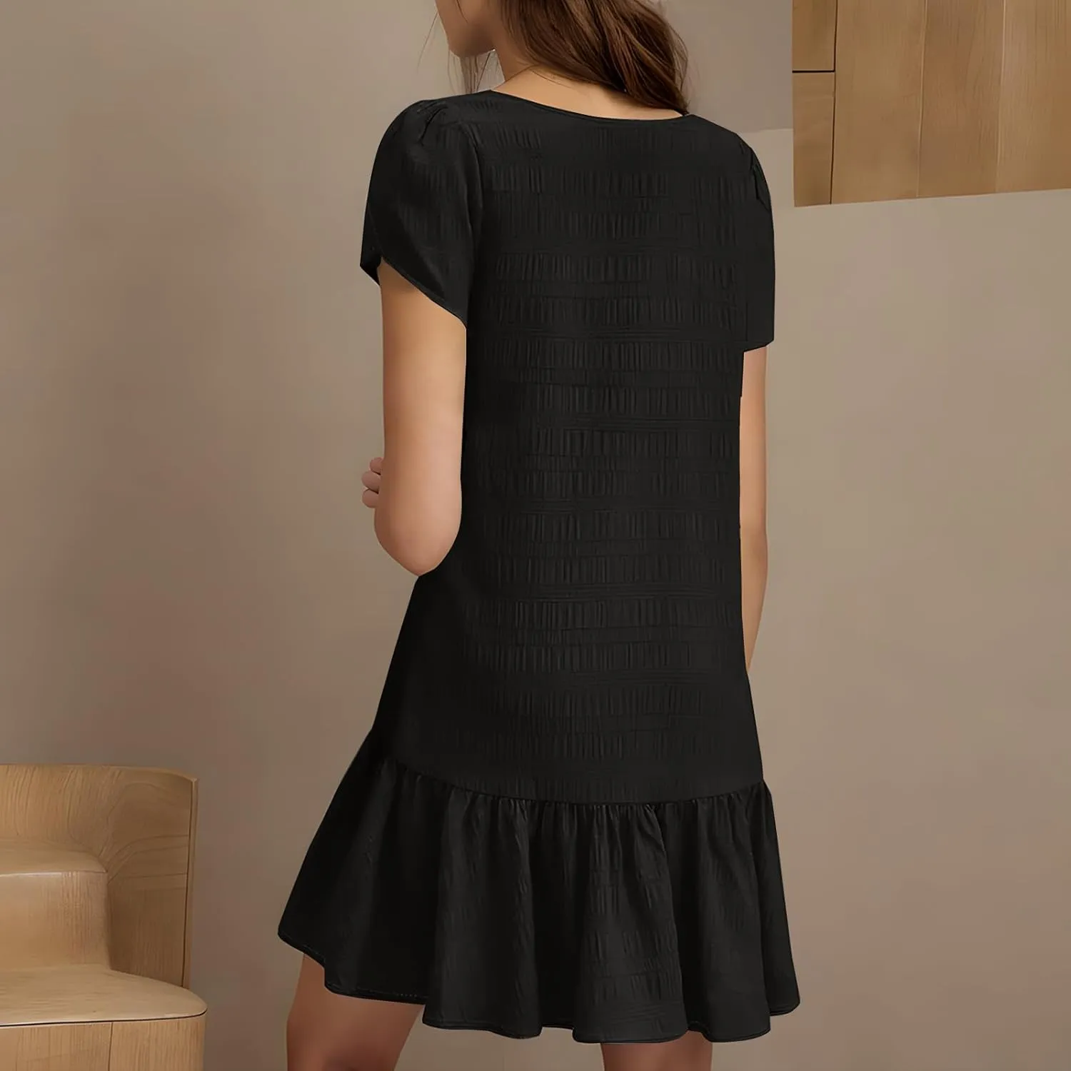 Women's Summer T Shirt Dress Casual Petal Short Sleeve V Neck Solid Ruffle Hem Sundress Loose Fit Beach Mini Dresses