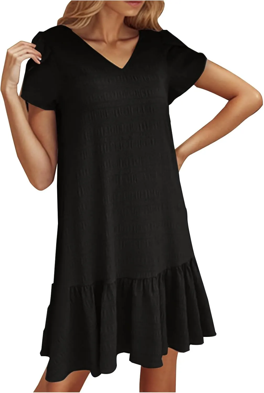 Women's Summer T Shirt Dress Casual Petal Short Sleeve V Neck Solid Ruffle Hem Sundress Loose Fit Beach Mini Dresses
