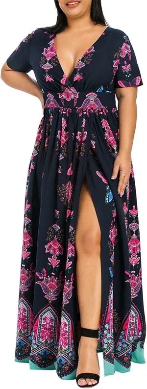 Women's Summer Wrap V Neck Long Maxi Dress Casual Boho Floral V Neck Short Sleeve Split Ladies Bohemian Dresses
