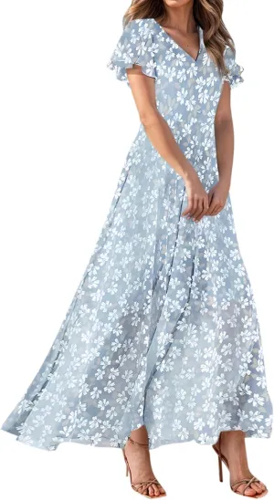 Women's Summer Wrap V Neck Long Maxi Dress Casual Boho Floral V Neck Short Sleeve Split Ladies Bohemian Dresses