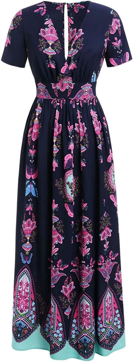 Women's Summer Wrap V Neck Long Maxi Dress Casual Boho Floral V Neck Short Sleeve Split Ladies Bohemian Dresses