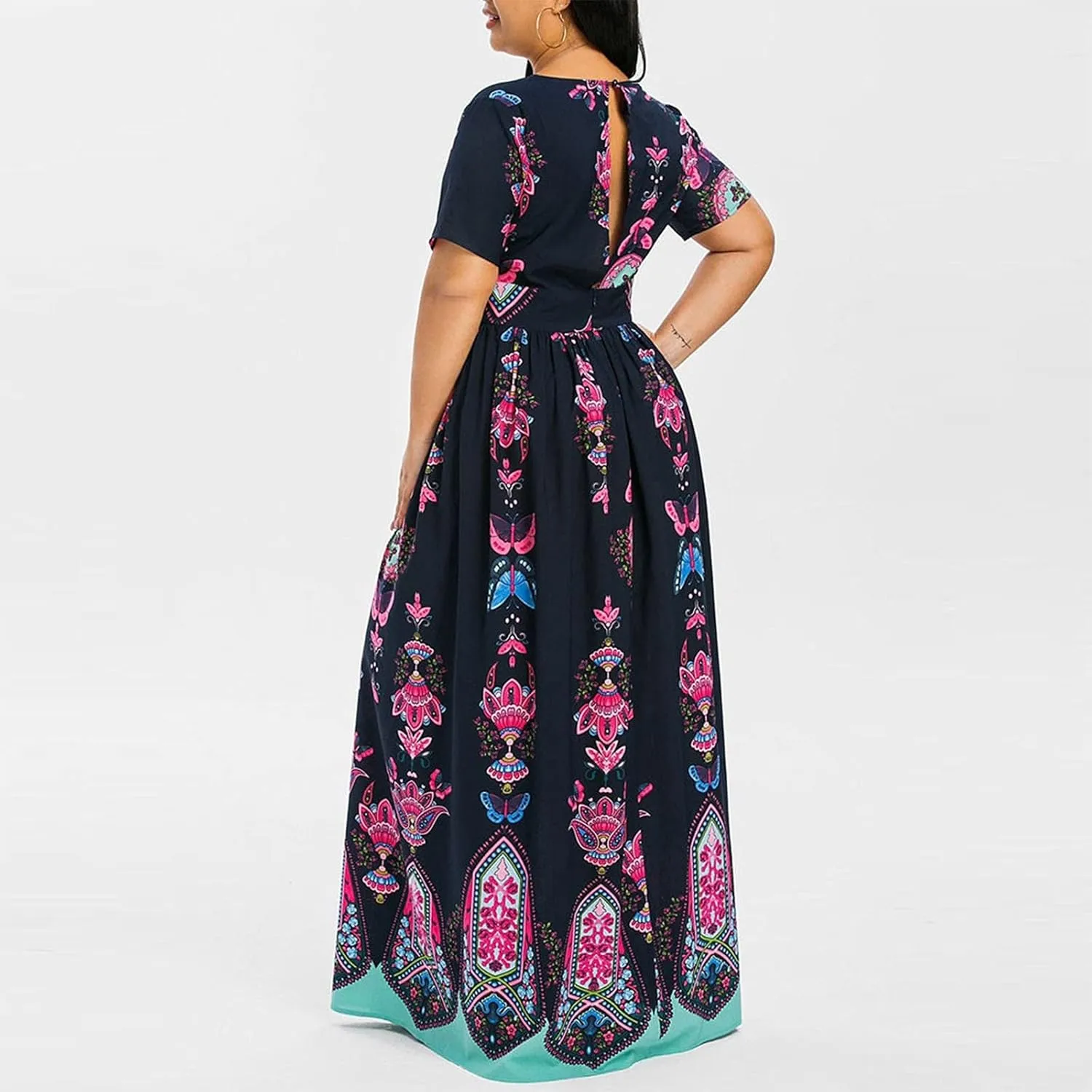 Women's Summer Wrap V Neck Long Maxi Dress Casual Boho Floral V Neck Short Sleeve Split Ladies Bohemian Dresses