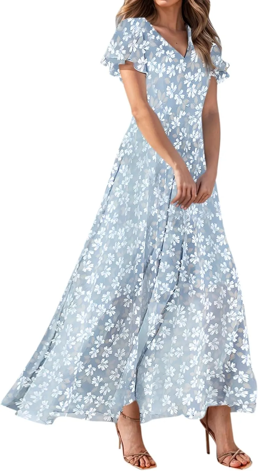 Women's Summer Wrap V Neck Long Maxi Dress Casual Boho Floral V Neck Short Sleeve Split Ladies Bohemian Dresses