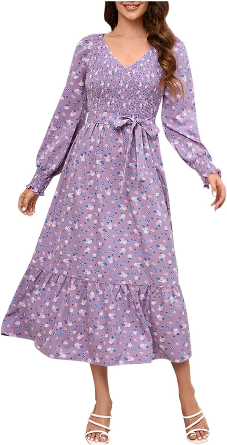 Women's Summer Wrap V Neck Long Maxi Dress Casual Boho Floral V Neck Short Sleeve Split Ladies Bohemian Dresses
