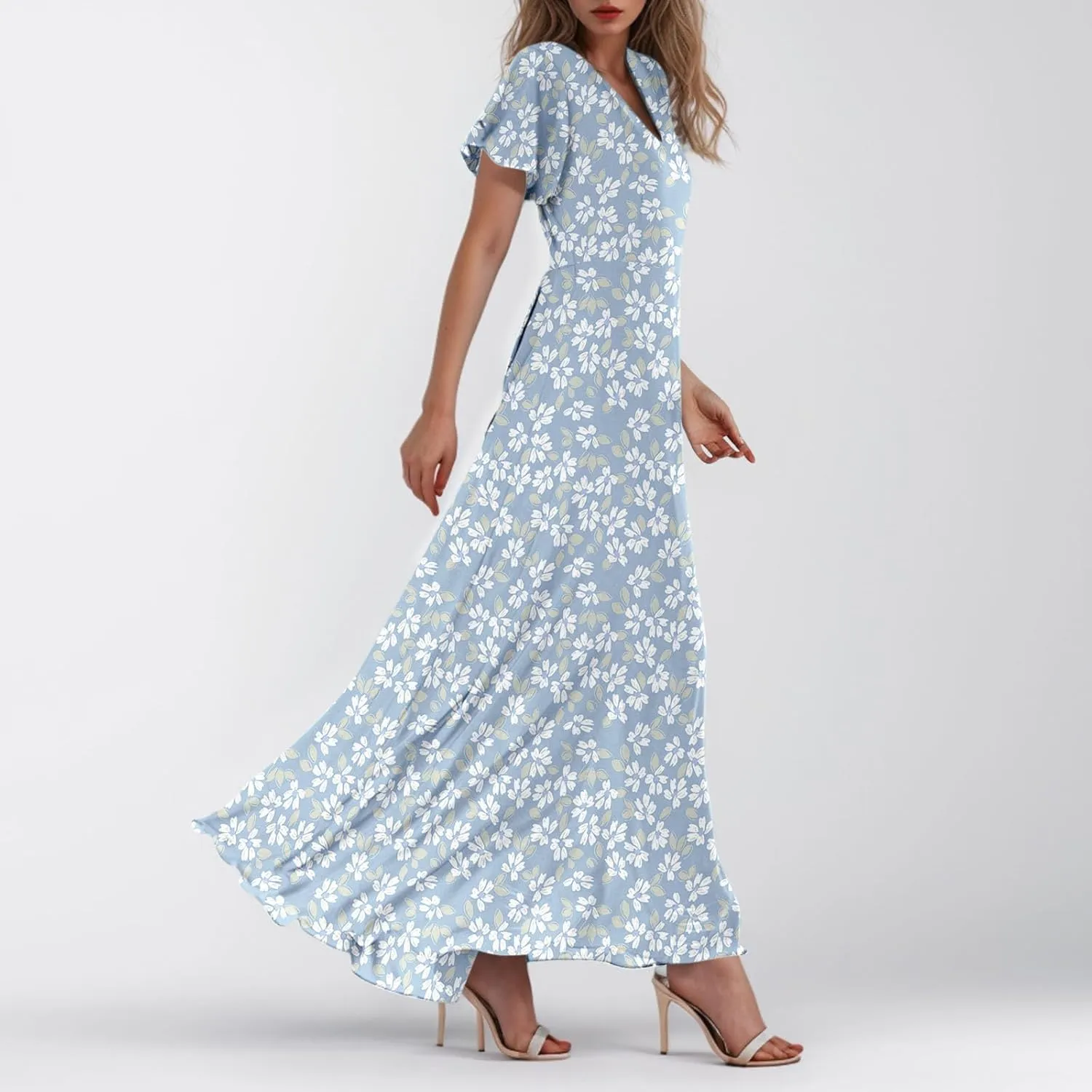 Women's Summer Wrap V Neck Long Maxi Dress Casual Boho Floral V Neck Short Sleeve Split Ladies Bohemian Dresses