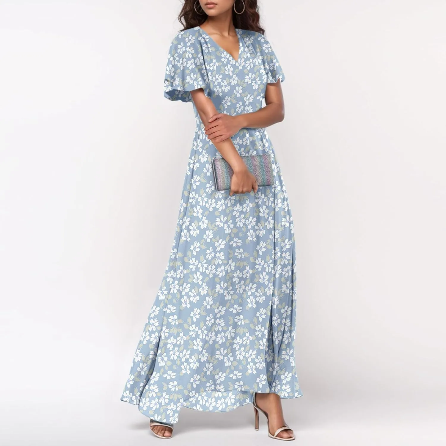Women's Summer Wrap V Neck Long Maxi Dress Casual Boho Floral V Neck Short Sleeve Split Ladies Bohemian Dresses
