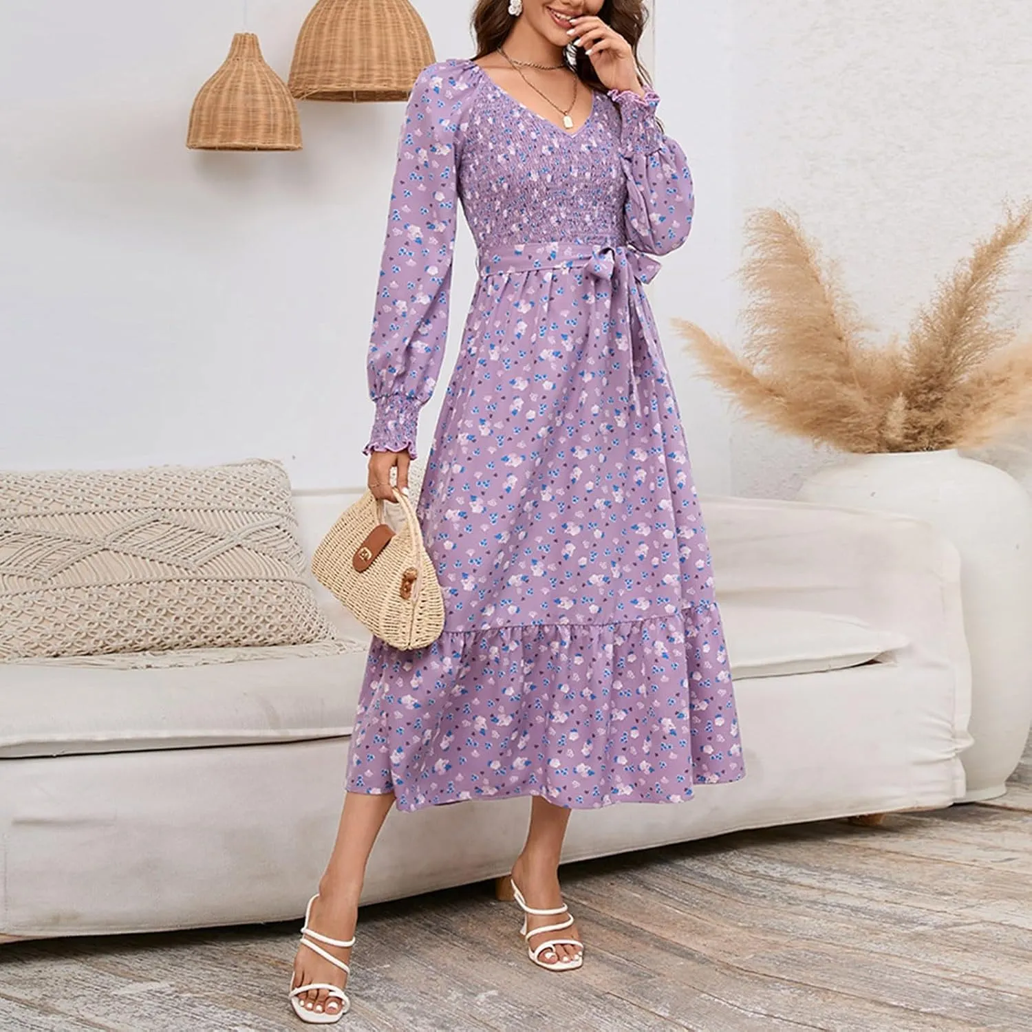 Women's Summer Wrap V Neck Long Maxi Dress Casual Boho Floral V Neck Short Sleeve Split Ladies Bohemian Dresses