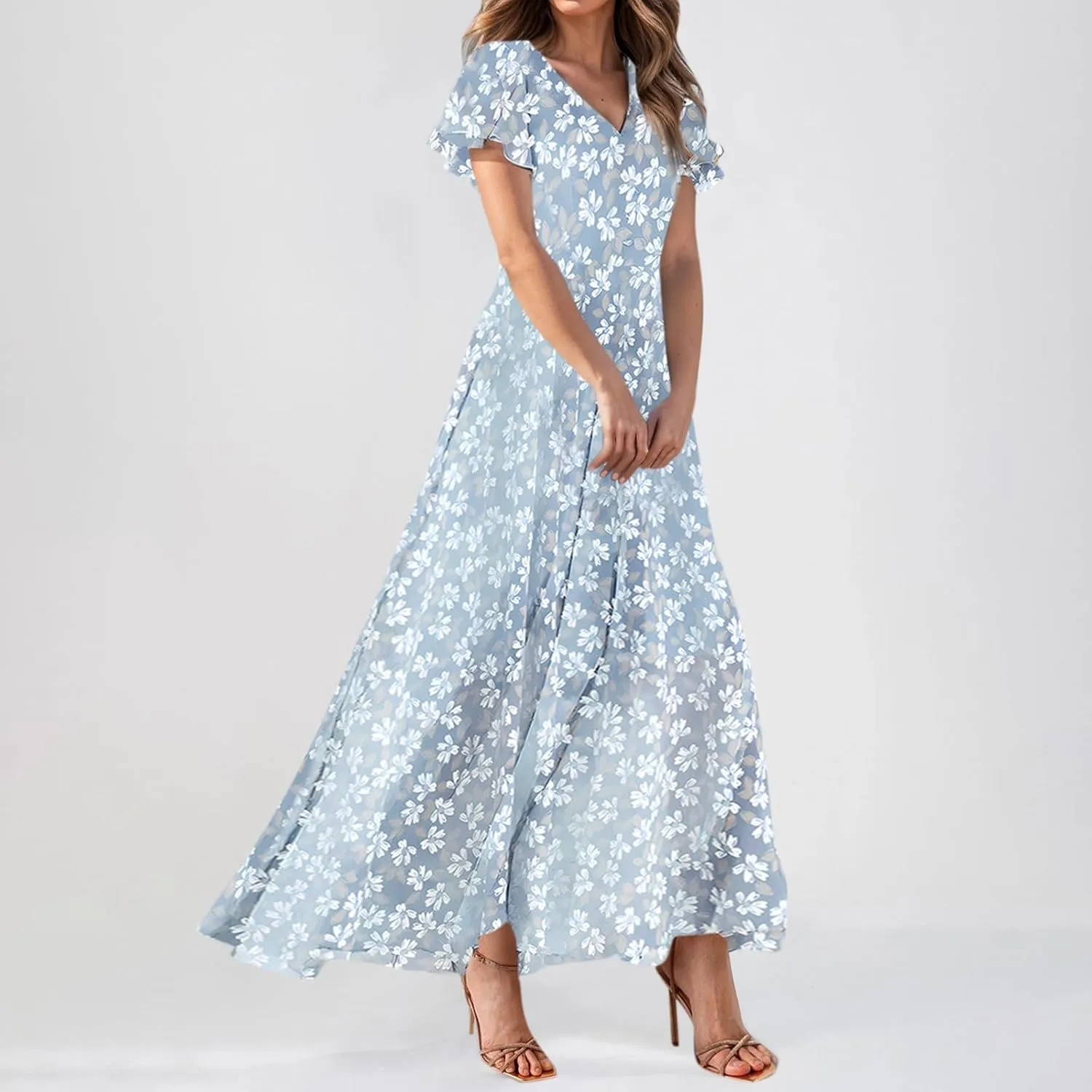 Women's Summer Wrap V Neck Long Maxi Dress Casual Boho Floral V Neck Short Sleeve Split Ladies Bohemian Dresses