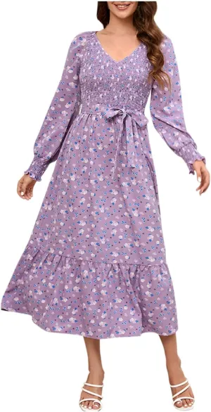 Women's Summer Wrap V Neck Long Maxi Dress Casual Boho Floral V Neck Short Sleeve Split Ladies Bohemian Dresses