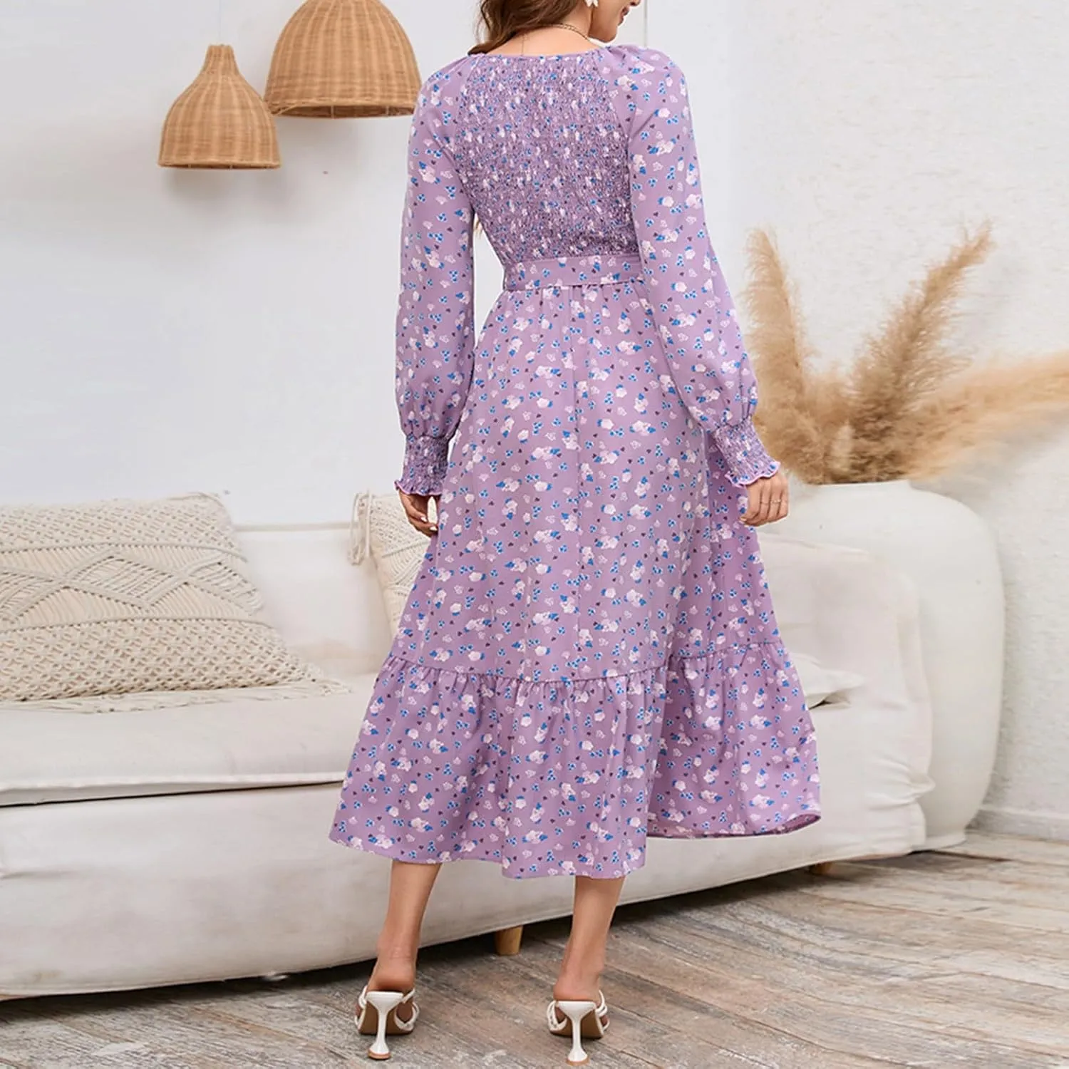 Women's Summer Wrap V Neck Long Maxi Dress Casual Boho Floral V Neck Short Sleeve Split Ladies Bohemian Dresses