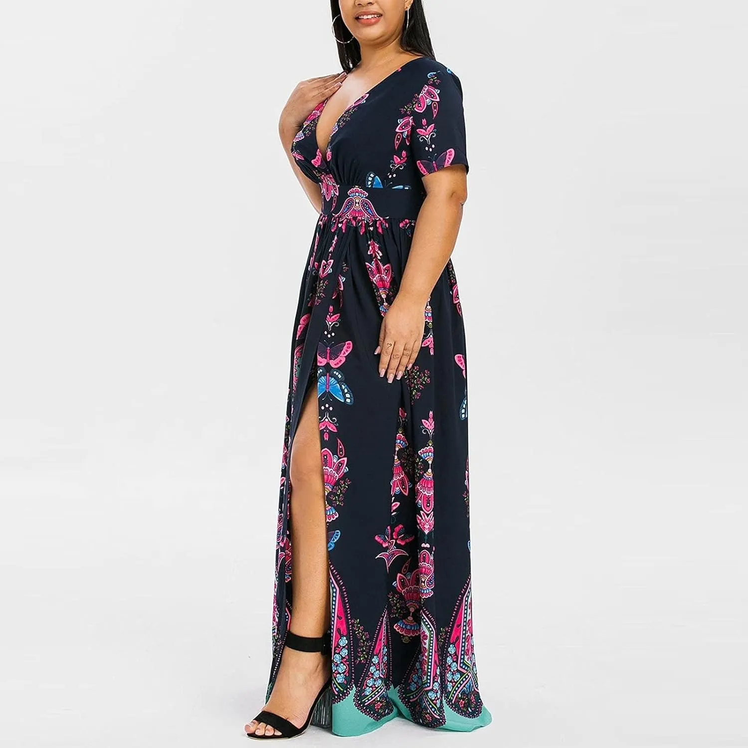 Women's Summer Wrap V Neck Long Maxi Dress Casual Boho Floral V Neck Short Sleeve Split Ladies Bohemian Dresses